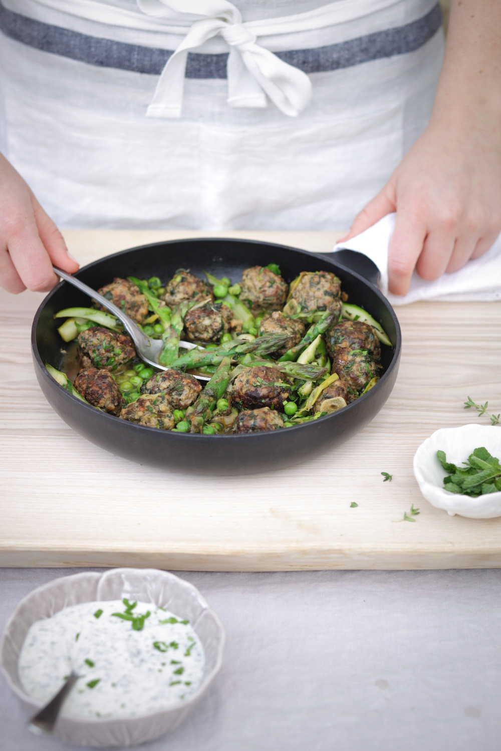 Minted Lamb Meatballs with Asparagus