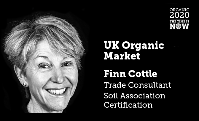 A presentation slide with a black and white portrait photo of Finn Cottle, Trade Consultant for the Soil Association Certification, about the UK Organic Market