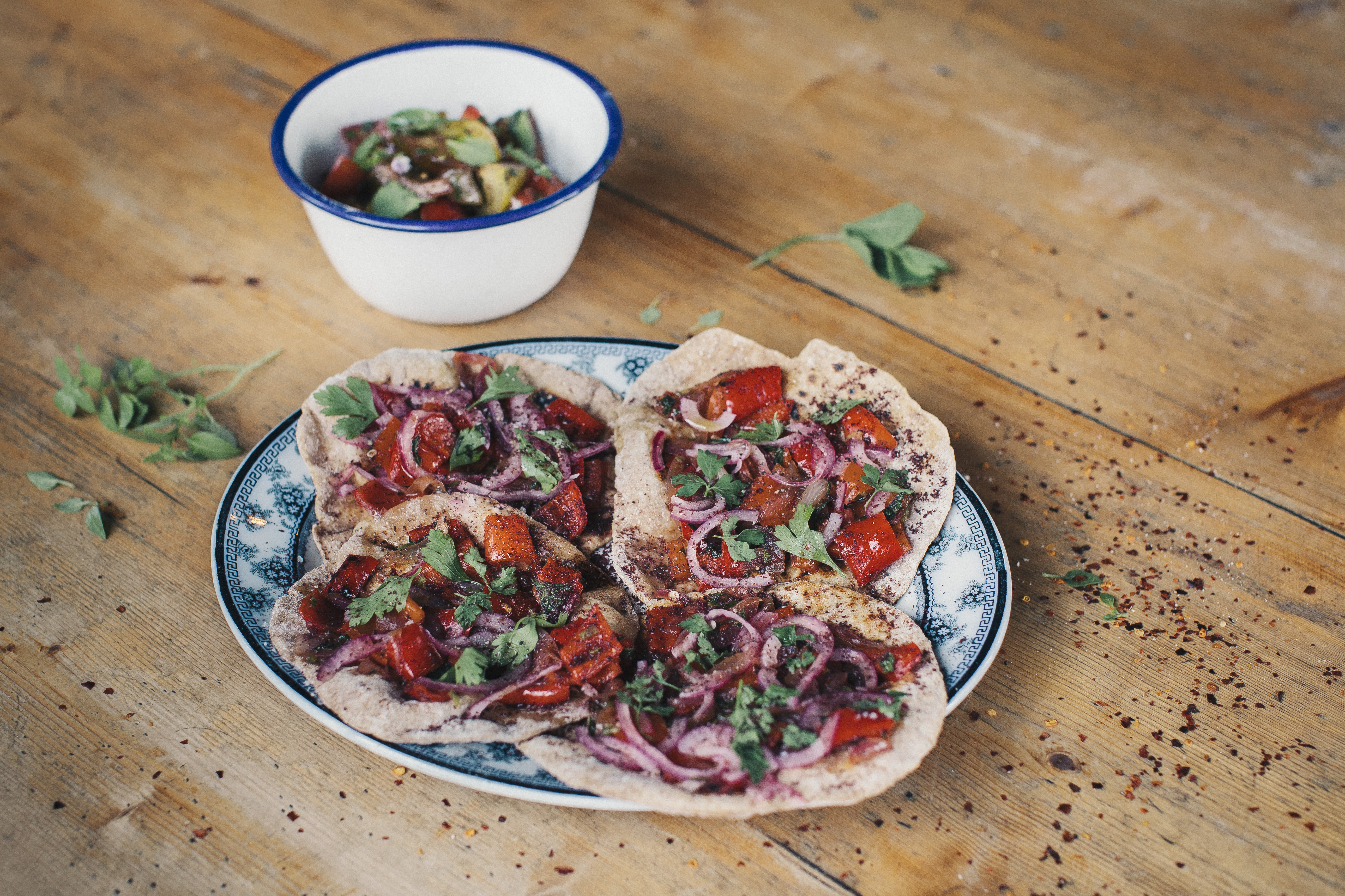 Anna's frying-pan Turkish flatbreads with spoon salad